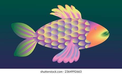Magical Mysterious Fish. Vibrant illustrative fish is swimming in the ocean depth. Gradient vibrant colors. Can be used in pattern, design compositions, murals, book illustrations and so on.