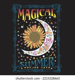 Magischer mystischer Sommer, Cosmic-Love-Slogan mit mystischer Illustration für T-Shirt-Ausdrucke und andere Verwendungen. Mystische (Sonne, Blume) Illustrationen. 