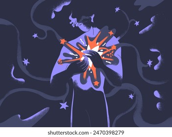 Magical mystical concept. Soul, spirit and inner light. Spiritual energy, esoteric power. Person with glowing star in hands in darkness. Dream and mystery. Psychology flat vector illustration