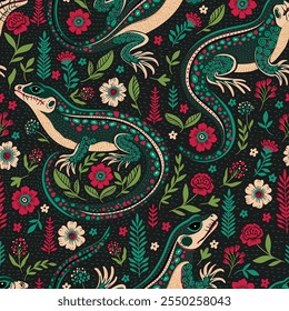 Magical and mystical forest lizards hidden among intricate flowers, designed in detailed Art Deco style with a dark, mysterious background, perfect for adding an enchanting, nature-inspired touch