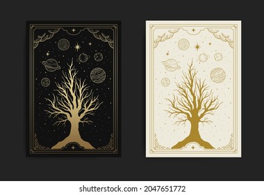 Árbol sagrado mágico y místico con cielo nocturno, decorado con estrellas y planetas aptos para espiritualistas, religiosos, paranormales, lectoras de tarot, astrólogo o tatuaje