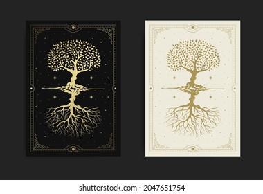 Magical and mystical sacred tree reflected or mirroring at starry night sky in golden engraving, hand drawn, line art, luxury, celestial, esoteric, boho style