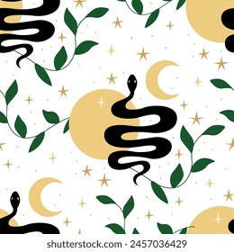 Magical and mystical seamless pattern with snakes and leaf branches. Vector flat background in boho style