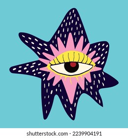 The magical mystical spiritualistic symbol of the eye is a Valentines Day or Halloween greeting card. Vector illustration in a modern doodle style