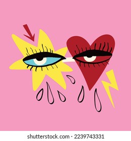 The magical mystical spiritualistic symbol of the Freaky bizarre eyes in retro glasses. Valentines Day or Halloween greeting card. Vector illustration in a modern doodle style