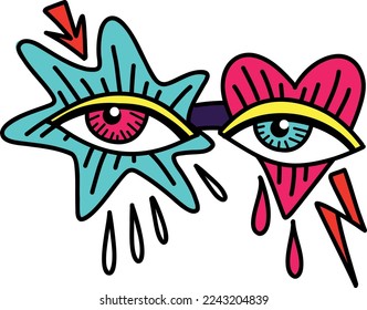 The magical mystical spiritualistic symbol of the Freaky bizarre eyes in retro glasses. Vector illustration in a modern doodle style