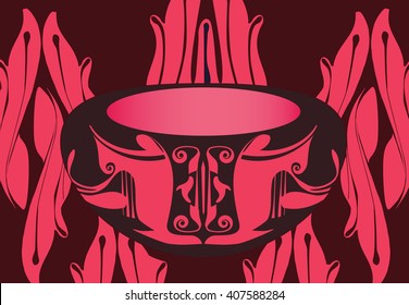 Magical and mystical urn on a dark background with crimson and magenta colors depicting pagan offering in empty bowl and life's abundance