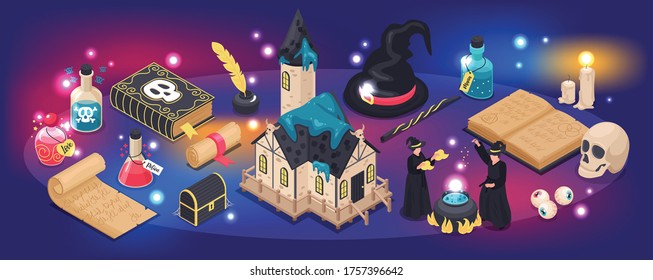 Magical narrow background with sparks magic book magic wand all seeing eye sorcerers isometric icons vector illustration 