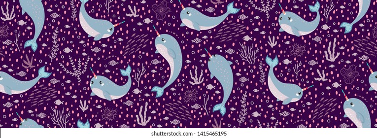 Magical Narwhals With A Rainbow Horn In Japan Kawaii Style. Vector Seamless Pattern. The Cute Unicorn Of The Sea. Happy Cartoon Characters Anime Whale With Funny Faces. 