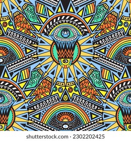 Magical nature powers, seamless vector pattern with four elements, air, water, fire, earth. Celestial design detailed background with stars, moon, shine and rainbow for swimwear, wallpaper and textile