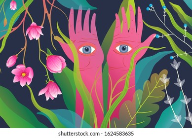 Magical nature and raised arms hands palms with eyes, surreal esoteric meditation or yoga horizontal background. Mysticism backdrop with magic flowers and hands with eyes watching.