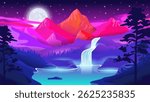 Magical neon mountain landscape at night with moon, waterfall, glowing lake, forest, and smooth blue-pink gradient. Vibrant, dreamy, and perfect as a fantasy desktop wallpaper. Vector illustration.