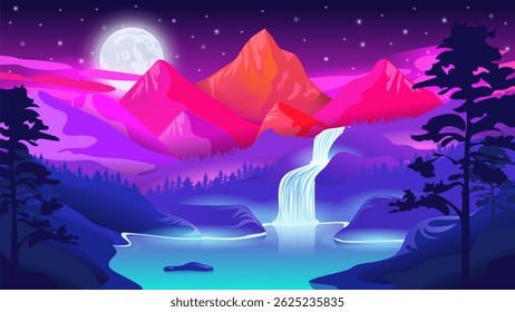 Magical neon mountain landscape at night with moon, waterfall, glowing lake, forest, and smooth blue-pink gradient. Vibrant, dreamy, and perfect as a fantasy desktop wallpaper. Vector illustration.