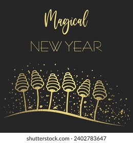 magical new year card with golden mushrooms