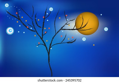 Magical new year's eve with a huge moon and bright lanterns