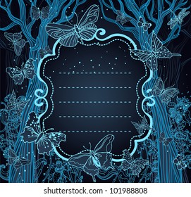 Magical night background with trees, stars and butterflies. A place for your text.