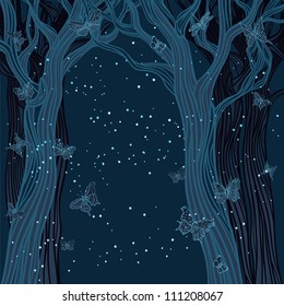 Magical night background with trees, stars and butterflies. A place for your text