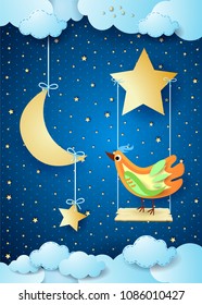 Magical night with bird and swing, vector illustration eps10