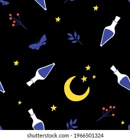 A magical Night design. butterfly, star, potion collection, vector pattern. Seamless pattern