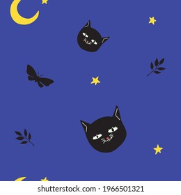 A magical Night design. Cats, butterfly and star collection, vector pattern. Seamless pattern