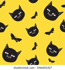 A magical Night design. Cats, butterfly collection, vector pattern. Seamless pattern