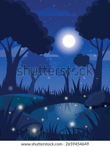 Magical Night Forest with Fireflies and Moonlit Pond