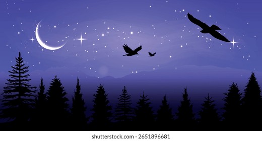 A magical night in the forest, the peace and freedom of nature, flight and silence under the starry sky.