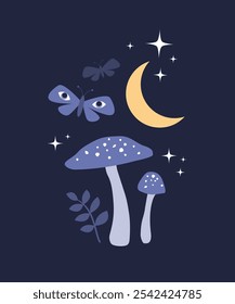 Magical night illustration with mushrooms, moths and crescent moon.