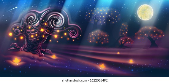 A magical night landscape with a fantasy forest, dark trees, a moon with rays of light, sky, clouds, paradise, luminous stars, an evening beautiful nature backdrop like a panorama. Vector illustration