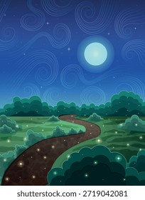 Paisagem noturna mágica com caminho sinuoso sob a lua brilhante
