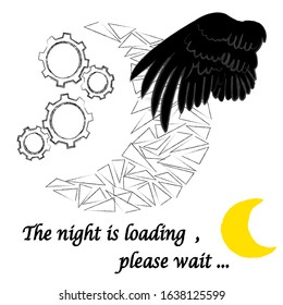 Magical.The Night is loading,please wait.Good Night and Sweet Dreams.Nature scene with moon,stars and wings from the owl in the night.