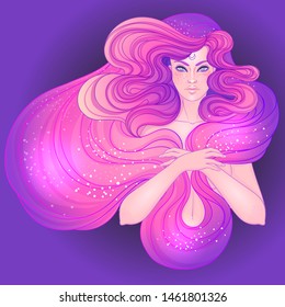 Magical night. Portrait of pretty young woman view with long beautiful red hair and scarf. Vector illustration. Fantasy, spirituality, occultism, tattoo. Art nouveau inspired.