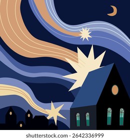 Magical night scene vector: houses under a starry sky