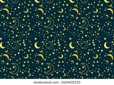 Magical night sky seamless pattern with golden stars and crescent moons — perfect for textiles, wallpapers, or digital backgrounds.