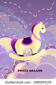 Magical nightly purple and blue cards with sparkling stars and airy clouds. Invitation to a holiday, registration of fairy tales, notebooks. Gold dust. Fabulous magic stars and unicorn templates