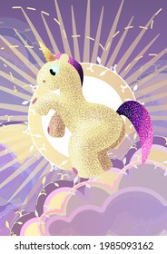 Magical nightly purple and blue cards with sparkling stars and airy clouds. Invitation to a holiday, registration of fairy tales, notebooks. Gold dust. Fabulous magic stars and unicorn templates