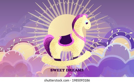 Magical nightly purple and blue cards with sparkling stars and airy clouds. Invitation to a holiday, registration of fairy tales, notebooks. Gold dust. Fabulous magic stars and unicorn templates