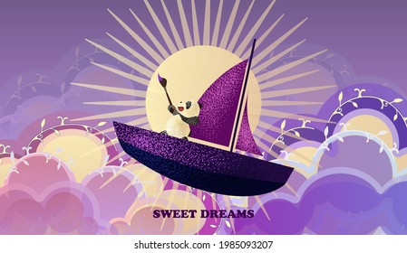 Magical nightly purple and blue cards with sparkling stars and airy clouds. Invitation to a holiday, registration of fairy tales, notebooks. Gold dust. Fabulous magic stars and cute panda templates