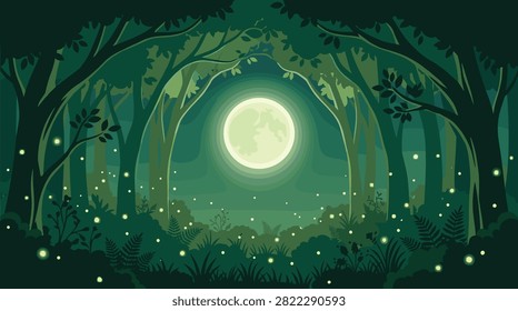 Magical nighttime forest landscape with glowing fireflies, tall trees, lush foliage, bright full moonlight, enchanted atmosphere, and mystical nature fantasy illustration
