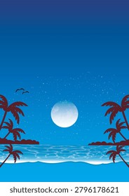 A magical nighttime scene of a tropical beach or seaside holiday.