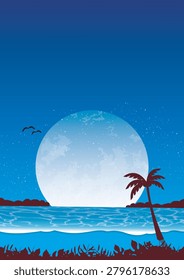 A magical nighttime scene of a tropical beach or seaside holiday.