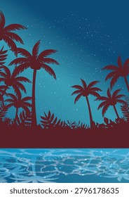 A magical nighttime scene of a tropical beach or seaside holiday.