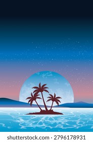 A magical nighttime scene of a tropical beach or seaside holiday.