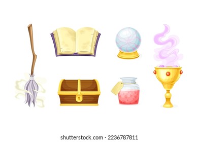 Magical Object and Witchcraft with Broom, Spellbook, Crystal Ball, Goblet, Flask and Treasure Chest Vector Set
