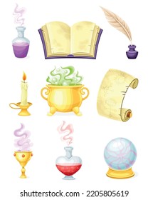 Magical Object and Witchcraft Equipment with Cauldron, Spellbook and Jar with Potion Vector Set