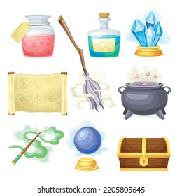 Equipo de objetos mágicos y de brujería con Cauldron, Spellbook y Jar con conjunto de vectores de poción