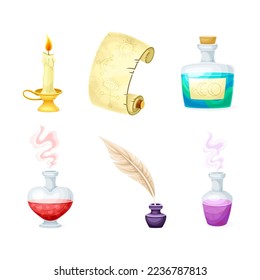 Magical Object and Witchcraft with Flask, Candle, Scroll and Quill with Ink Vector Set