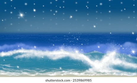 Magical ocean wave under a starry night sky, creating a peaceful and dreamy seascape. Ideal for beach-themed or relaxation designs.