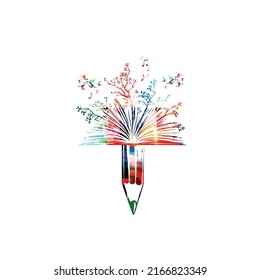 Magical open book with pen and growing trees isolated. Reading a book, inspirational education concept. Colorful enlightening design for library, bookstore, courses and lessons vector illustration
