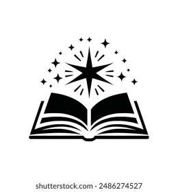Magical Open Book with Sparkling Star - Black and White Vector Illustration for Fantasy, Imagination, and Knowledge Themes